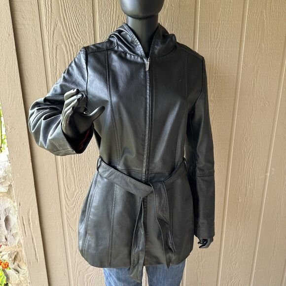 Croft‎ And Barrow Leather Jacket Womens Size Medium Black Button Up Lined Hooded - Picture 2 of 10